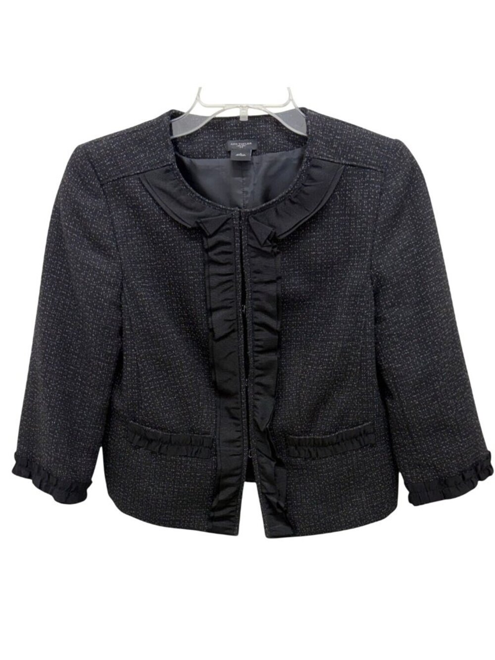 Ann Taylor Women’s Black Ruffle Trim Tweed Wool Blend Cropped Jacket Size 6